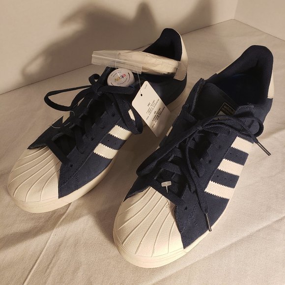 ADIDAS SUPERSTAR VULC SHELL TOE SHOES - MENS 10.5 BLUE/WHITE/GOLD PRINT/GUM SOLE - Picture 4 of 16